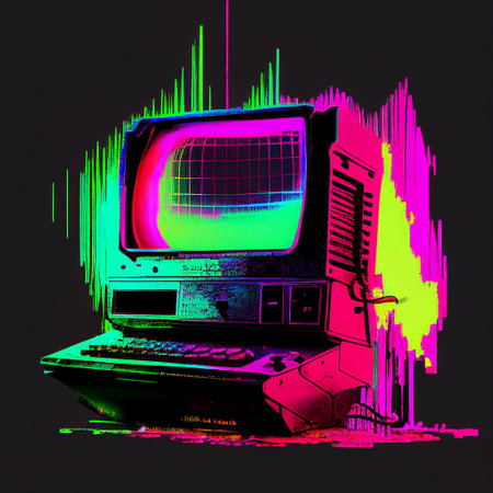 Computer Monitor Screen Retro Neon Glitch Vintage Y2K 2000s 90s Nostalgia Vaporwave Style Pink Blue Turquoise Green Black Purple Generative AI Tools Technology illustrationの素材