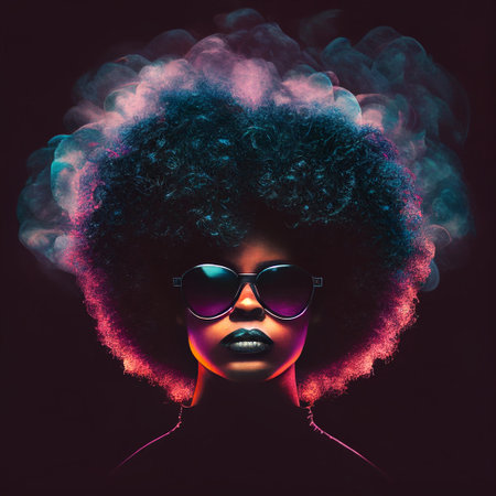 1970s 1990s Black Woman with Large Smokey Afro Hair Dark Lipstick Sunglasses RNB Generative AI Tools Technology illustrationの素材