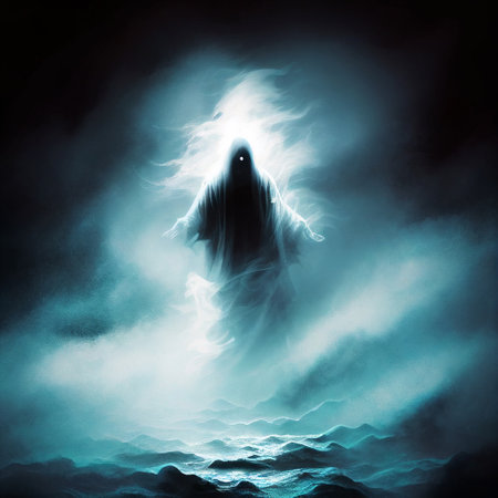 Ghost Spirit Ghostly Figure Apparition Halloween Float Fog Creepy Horror Generative AI Tools Technology illustrationの素材