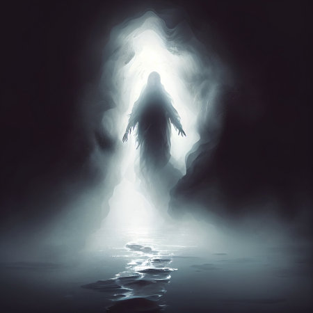 Ghost Spirit Ghostly Figure Apparition Halloween Float Fog Creepy Horror Generative AI Tools Technology illustrationの素材