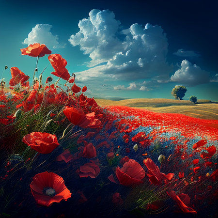 Red Field of Poppies Meadow Summer Landscape Wartime Remembrance Poppy Flower Symbol Generative AI Tools Technology illustrationの素材
