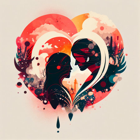 Valentines Couple Woman Man Love Heart Abstract Shapes Romantic People Red Orange Peach Black White Generative AI Tools Technology illustrationの素材