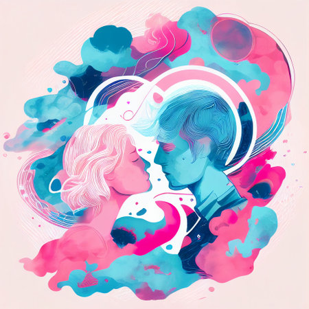 Valentines Couple Pink Blue Woman Man Love Abstract Heart Shapes Generative AI Tools Technology illustrationの素材