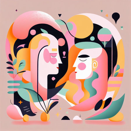 Valentines Couple Woman Man Love Heart Abstract Shapes Romantic People Pink Light Green Peach Black White Generative AI Tools Technology illustrationの素材