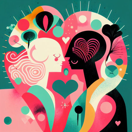 Valentines Couple Woman Man Love Heart Abstract Shapes Romantic People Pink Green Black White Generative AI Tools Technology illustrationの素材