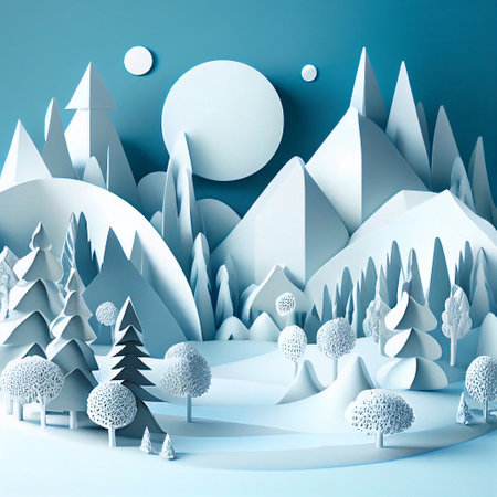 Snowy Blue White Winter Christmas Paper Cut Landscape Card Trees Generative AI Tools Technology illustrationの素材