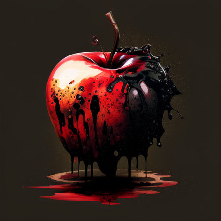 Blood-Red Apple with Black Ink Poison Fruit Red Food Story Telling Symbol Generative AI Tools Technology illustrationの素材