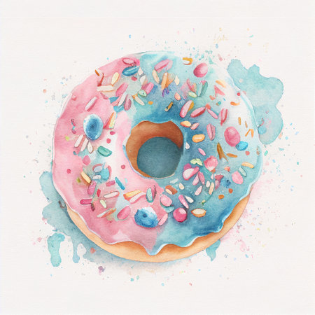 Donut Watercolour Pink Blue Glazed Icing Baked Snack Surgery Treat Generative AI Tools Technology illustrationの素材