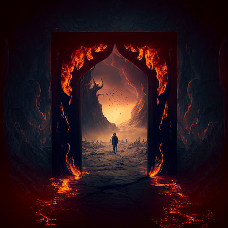 Silhouette of a man in front of an open door to hellの素材