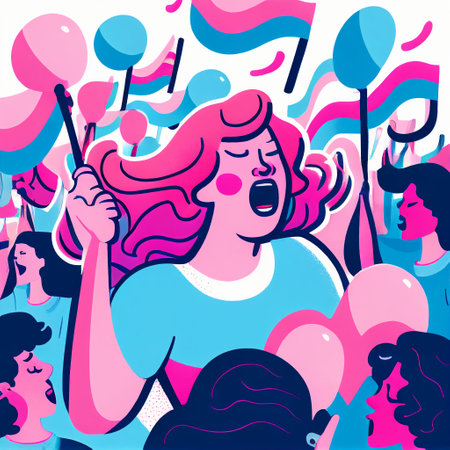 Trans Transgender LGBTQ People Pride March Pink Blue White Parade Protest Colours Joyful Generative AI Tools Technology illustrationの素材