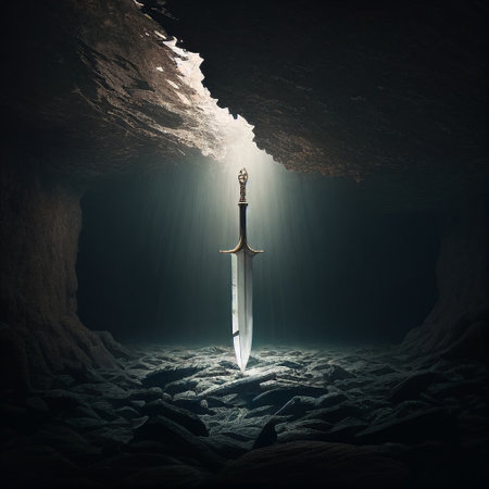 Legendary Fantasy Sword Silver Gold Relic DND RPG Under Water Concept Caravaggio Style Painting Generative AI Tools Technology illustrationの素材