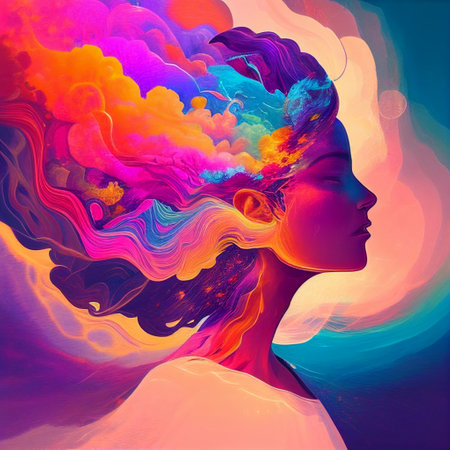 Woman Profile Silhouette Euphoria Concept Abstract Dreamy Aura Psychedelic Spirituality in Red Orange Purple Pink Blue Generative AI Tools Technology illustrationの素材