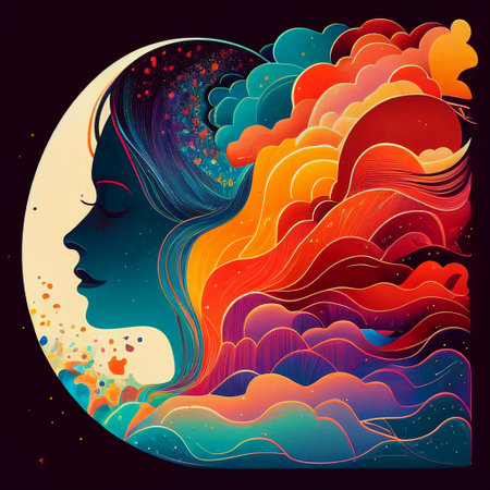 Woman Profile Silhouette Euphoria Concept Abstract Dreamy Aura Psychedelic Spirituality in Red Orange Purple Pink Blue Green Generative AI Tools Technology illustrationの素材
