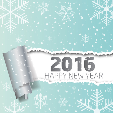 Happy New Year 2016. Background with snowflakes and torn paper.のイラスト素材