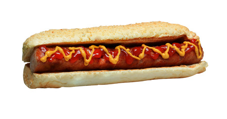 Hot dog grill with mustard isolated on white background..の写真素材