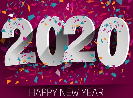 Happy 2020 new year with falling confetti . Vector paper illustration. eps 10