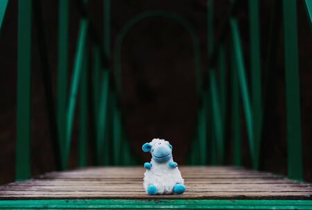 a fluffy sheep abandoned on a footbridge over a streamの写真素材