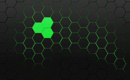 Abstract background. Frame filled with dark gray hexagons with green background with 3d effect.