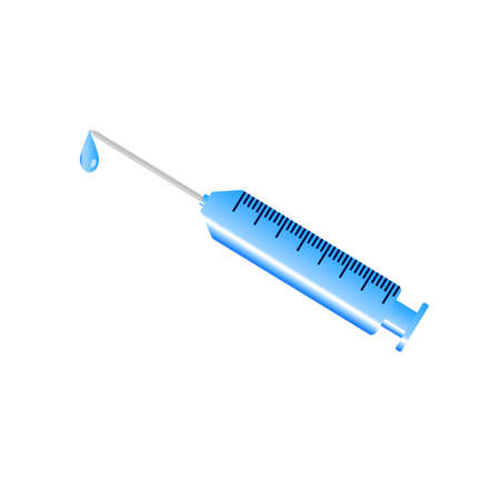 Compulsory vaccination. Blue syringe with drop of antibody isolated on white background.の写真素材