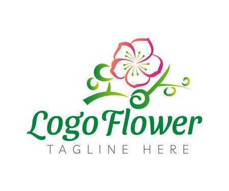 Peach blossom logo icon design template elements. Peach blossom branch logo with flowers and leaves. Usable for Branding and Business Logos.のイラスト素材