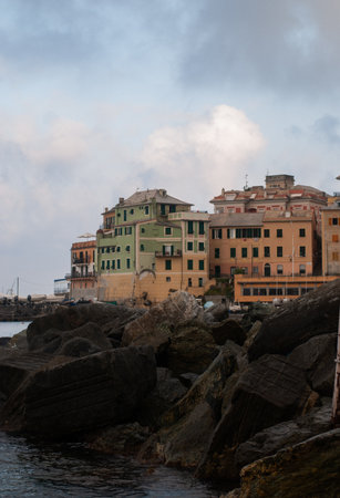 View of colourful houses at the sea shore in the morningの写真素材
