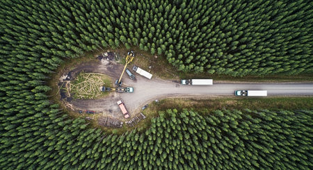 Dense evergreen forest plantation showcases active logging operations with excavators and trucks on a dirt road, representing industrial resource management and sustainable timber harvesting.