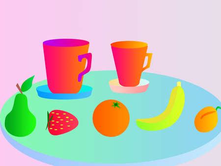 Still life of ripe fruit and mugs with juice lying on a trayの写真素材