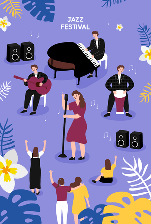 Jazz Festival. Poster template for outdoor festival. Flat cartoon colorful vector illustration.のイラスト素材