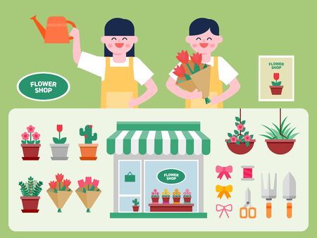 Flower shop interior vector Illustration. Flower flat icons set.のイラスト素材