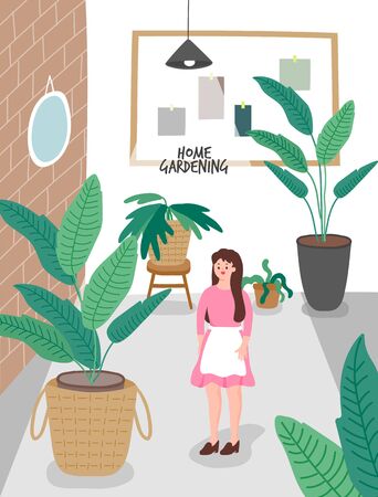 Illustration of a garden at home. Flowerpot, plant, interior illustration.のイラスト素材
