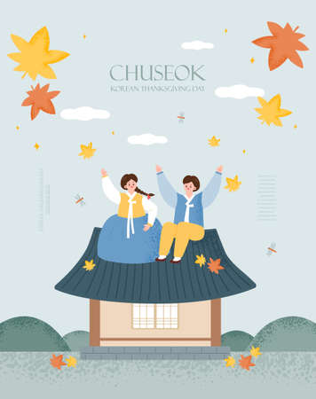 Korea tradition Vector illustration. Chuseok, Happy Korean Thanksgiving Day.のイラスト素材