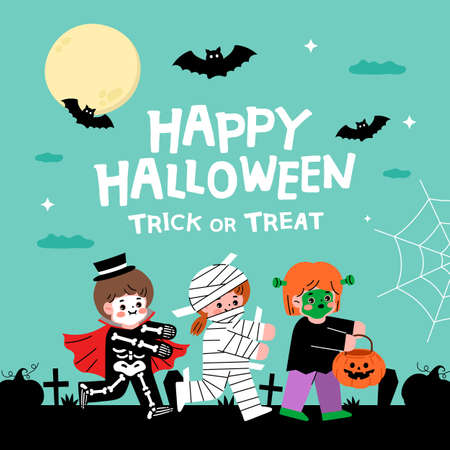 Halloween party illustration. Children in Halloween costumes.のイラスト素材
