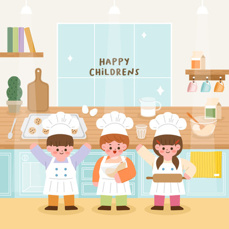Happy children cooking in the kitchen. Vector illustration in flat style.のイラスト素材