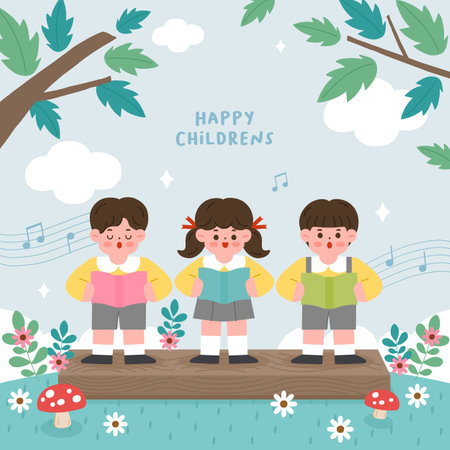 Happy childrens day greeting card with cute cartoon kids in the park vector illustration.のイラスト素材