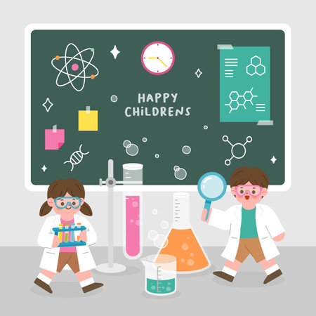 Happy Children's Day. Cute kids in science laboratory. Vector illustrationのイラスト素材