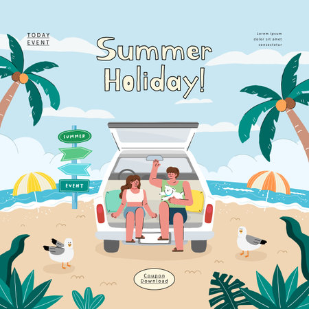Summer holiday background with family on the car. Flat design vector illustration.のイラスト素材