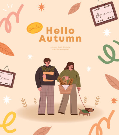 Hello autumn. Vector illustration of a man and a woman with a basket of food.のイラスト素材