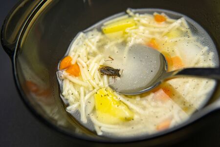 Hot soup with steam in the soup, a spoon in a silver and aluminum black glassware on a dark background.の写真素材