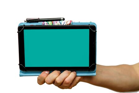 Tablet horizontally, green in hand on a white background