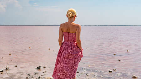 A beautiful girl stands back against a pink salt lake in a red dress in a caged on the censors frameの写真素材