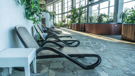 Hot tub small pool loungers for relaxation Standing water pond calm in the water the morning sun shines. RUSSIA, MOSCOW - AUG 23, 2020のeditorial素材