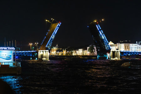 RUSSIA, PETERSBURG - AUG 19, 2022: night saint bridge fortress petersburg neva russia palace st, from raised summer from view for dawn tourism, saint scene. Embankment dusk sunset,のeditorial素材