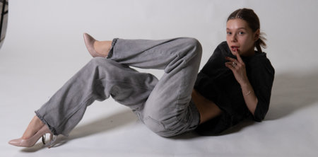 hand white look hair person modern lady model young background portrait face beautyの写真素材