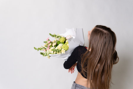 happy fashion cake white hair fresh jeans girl model female flowers beautiful smileの写真素材