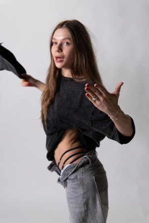 underpants hair cap model hand portrait face lady person look white beauty backgroundの写真素材