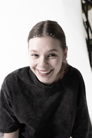 background face model portrait hand white beauty lady look young person modern hairの写真素材