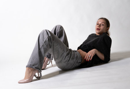 lady modern portrait face look background white hand beauty model hair person youngの写真素材