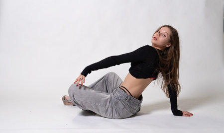 smile girl jeans beautiful natural romantic day fashion happy hair model female fresh whiteの写真素材