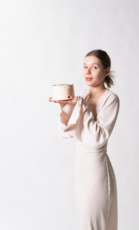 elegant fashion style young beauty dress woman cake lady model white attractive beautifulの写真素材