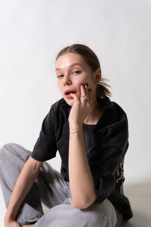 face model background portrait person lady young look white beauty hair modern handの写真素材